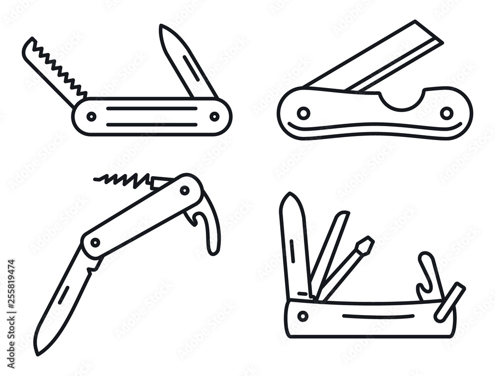Poster multifunction penknife icons set. outline set of multifunction penknife vector icons for web design 