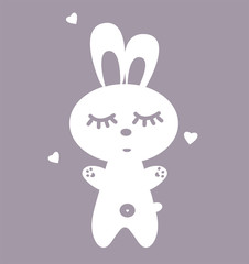 Poster in the nursery. White sleeping rabbit isolated on gray background. Illustration of a bunny silhouette. Vector animal hare print on clothing. A collection of charming pets and hearts