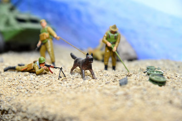 Fighting in a toy form, soldiers and military equipment, a war simulator.