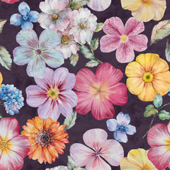 Seamless watercolor flowers pattern. Hand painted flowers of different colors. Flowers for design.