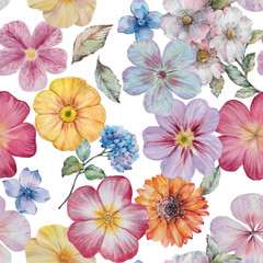 Seamless watercolor flowers pattern. Hand painted flowers of different colors. Flowers for design.