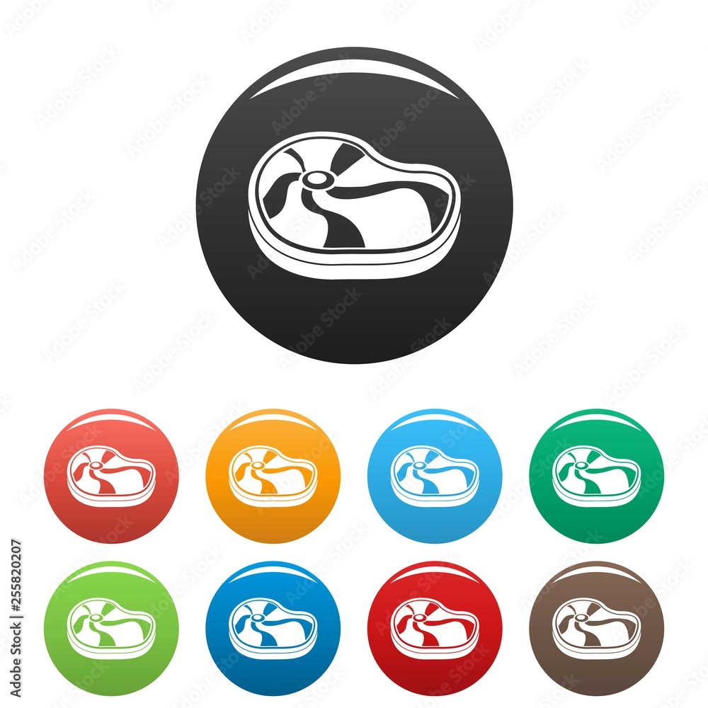 Poster meat steak icons set 9 color vector isolated on white for any design