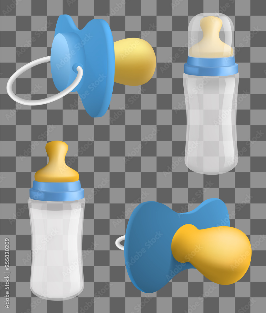 Poster pacifier icons set. realistic set of pacifier vector icons for web design