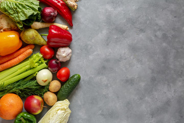 Fresh vegetables and fruits background. Top view, Copy space.