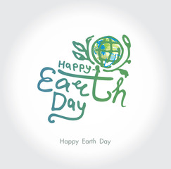 Happy Earth Day. Green handwritten logo. Vector hand drawn template painted globe with green branches and an inscription.