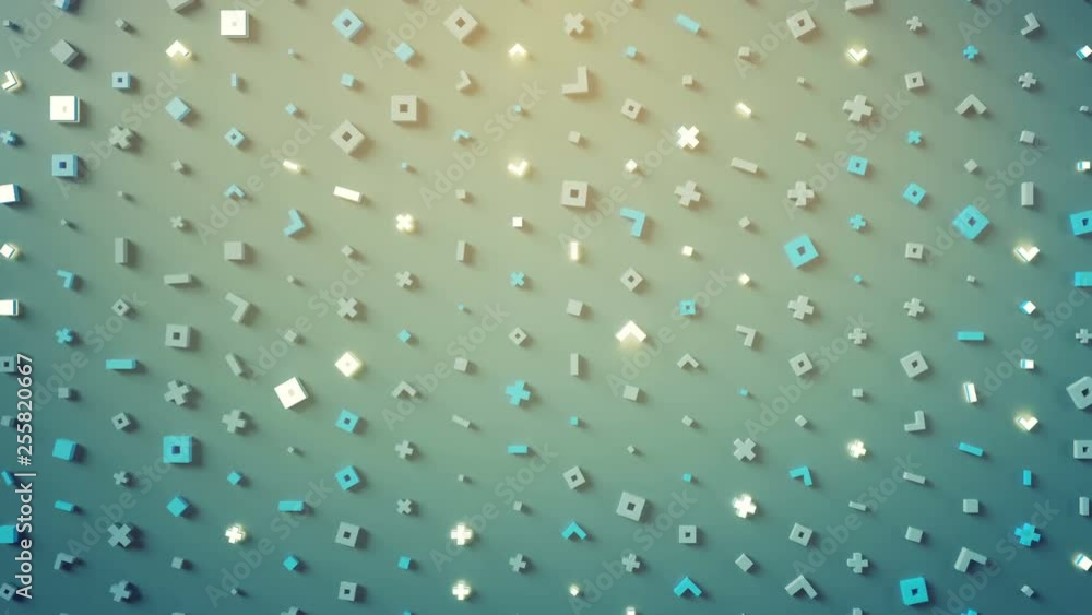 Poster wall of abstract symbols. modern technology or science fiction concept. 3d render seamless loop anim