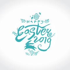 Happy Easter 2019. Vector illustration easter logo dry brush painting in turquoise color. Easter bunny, inscription and easter egg.