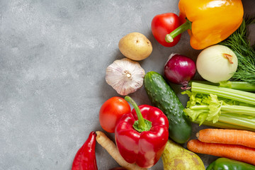 Fresh vegetables and fruits background. Top view, Copy space.
