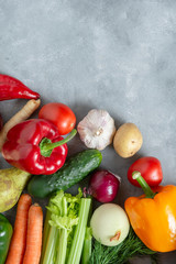 Fresh vegetables and fruits background. Top view, Copy space.