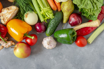 Fresh vegetables and fruits background. Top view, Copy space.
