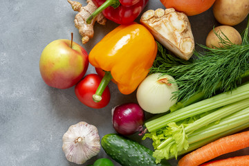 Fresh vegetables and fruits background. Top view, Copy space.