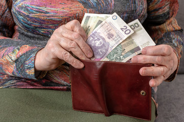 Hands of an elderly pensioner holding leather wallet with polish currency money. Concept of...