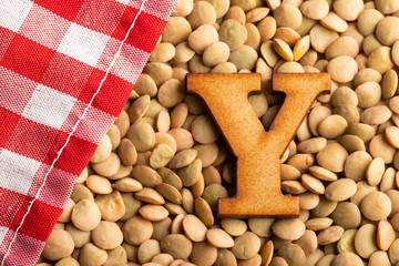 Letter Y, Lentils with checkered napkin - Top view