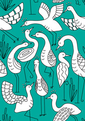 Vector seamless pattern with cranes isolated on turquoise. Hand-drawn texture with beautiful birds. Animal sketch