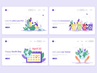 Obraz na płótnie Canvas Set of Landing page templates. Save the planet, Happy Earth Day, save energy, ecology, world environment day concept. Flat vector illustration concepts for a web page or website.