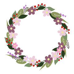 Wreath with flowers, leaves, herbs. Vector Illustration on white background.