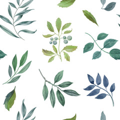 Seamless watercolor pattern. Hand painted leaves of different colors on a white background.