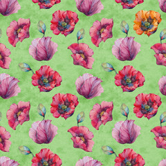 Poppies Seamless Pattern. Watercolor wild red poppies. Surface design for interior decoration, printed issues, invitation cards. Flowers seamless pattern.