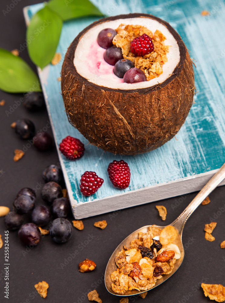 Poster Cereal with coconut and red berries - Top view