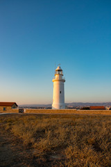 Fototapeta na wymiar coast line with lighthouse, dune and rare vegetation in the background at sunset