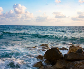 sea waves amongst rocky beach, Cyprus, Paphos,