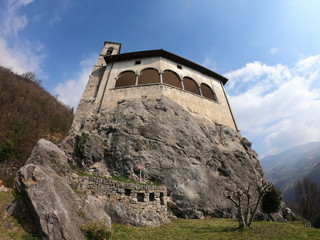 Fototapeta premium The shrine of St. Patrick (San Patrizio), Colzate, Bergamo, Italy. A perched medieval site