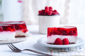 Delicious no bake cheesecake on white background