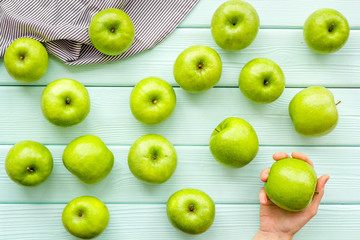summer food with apples on light wooden background top view pattern