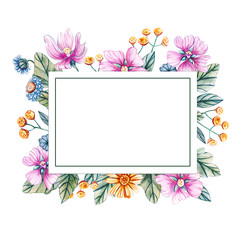 Floral square frame of watercolor wildflowers. There is a place for text.
