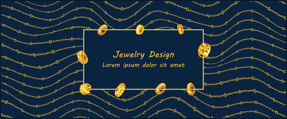 Frame with different beads on a chain background. For your inscription. Vector.