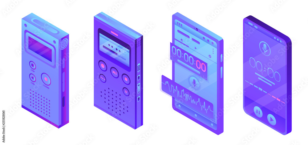 Poster dictaphone icons set. isometric set of dictaphone vector icons for web design isolated on white back