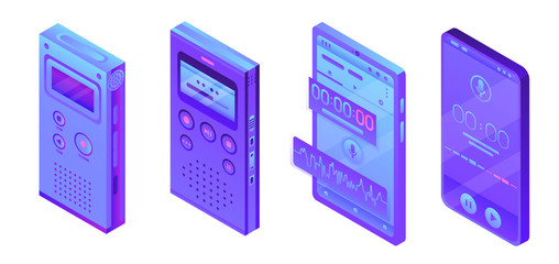 Dictaphone icons set. Isometric set of dictaphone vector icons for web design isolated on white background