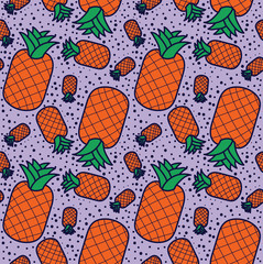 Pineapple vector lines seamless pattern. Funny doodle healthy food on a light background.