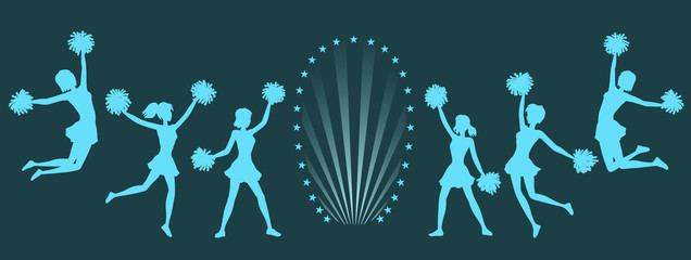 Silhouettes of Cheerleaders with pom-poms on dark background.