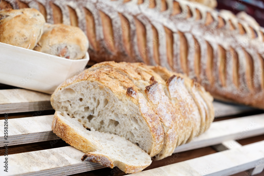 Poster breads on the shelf in the bakery