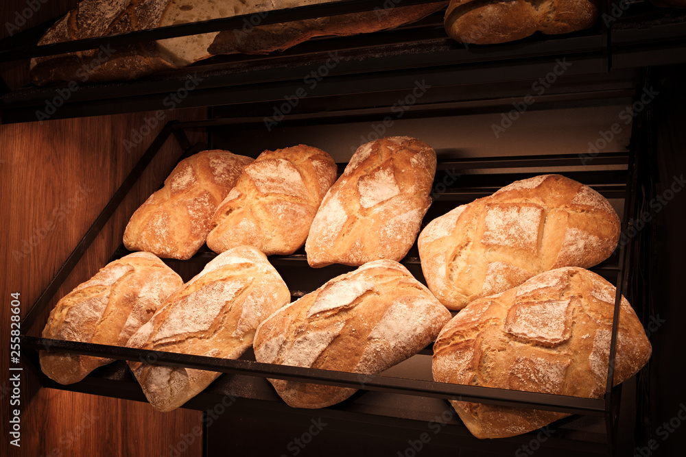 Poster breads on the shelf in the bakery