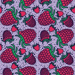 Raspberry vector lines seamless pattern. Funny doodle healthy food on a light background.