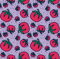 Tomato vector lines seamless pattern. Funny doodle healthy food on a light background.