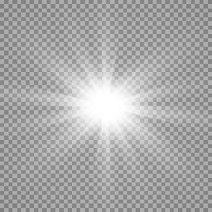 Special lens flash, light effect. The flash flashes rays and searchlight. illust.White glowing light. Beautiful star Light from the rays. The sun is backlit. Bright beautiful star. Sunlight. Glare.