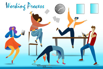 Work in deadline flat composition with stressed human characters near alarm clock on blue background vector illustration. Organization of process.