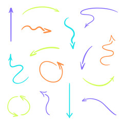 Hand drawn multicolored pointers on white. Abstract arrows. Line art. Set of different signs. Colorful illustration. Doodles for artwork