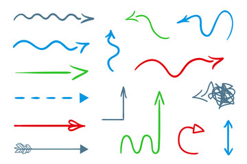 Obraz premium Infographic elements on isolated white background. Hand drawn colored pointers on white. Abstract arrows. Line art. Set of different signs. Colorful illustration