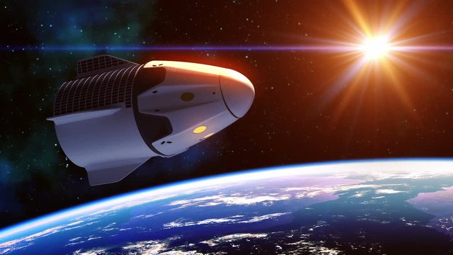 4K. Commercial Spacecraft And Red Sun. Ultra High Definition. 3840x2160. 3D Animation.