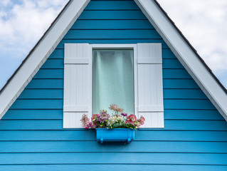 Window with blue wood wall, vintage style