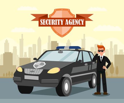 Secret Agent and Car Flat Vector Illustration