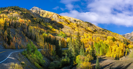 Naklejka premium Autumn Aspen scenery on the Million Dollar Highway - Colorado Rocky Mountains