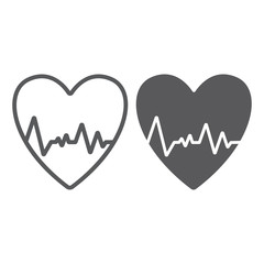 Heartbeat line and glyph icon, ecg and cardiology, heart cardiogram sign, vector graphics, a linear pattern on a white background.