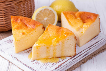 Fresh baked homemade cottage cheese casserole with lemon.