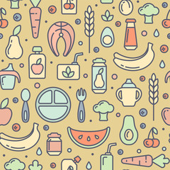 Seamless pattern with multicolored baby food elements. Suitable for wallpaper, wrapping or textile