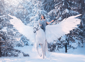 Fantasy woman sitting  ride on horse. lady on horseback with light wings, white pegasus walks in...
